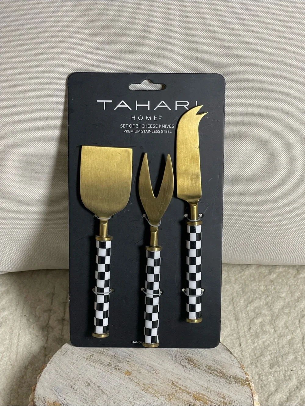 Tahari Home Set of 3 Cheese Knives Gold Stainless Steel Black White Checkered